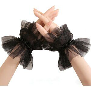 Women's Fingerless Black Pearl Tulle Short Lace Gloves Wedding Party Prom